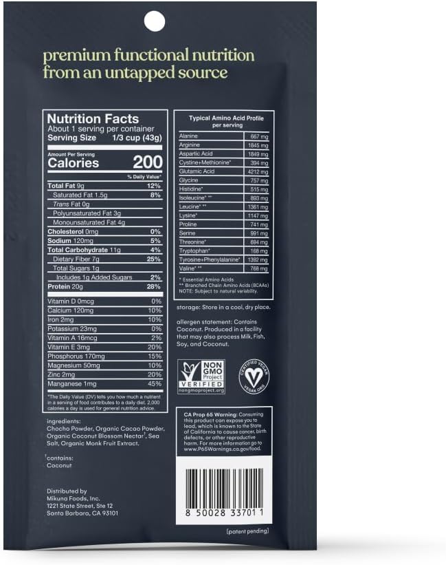 Mikuna Chocho Superfood Protein, Plant-Based Protein Powder, Travel Packs - Vegan, Gluten Free, 3g Net Carbs or Less, and Bioavailable, Non-Isolate (8 Servings, Cacao)