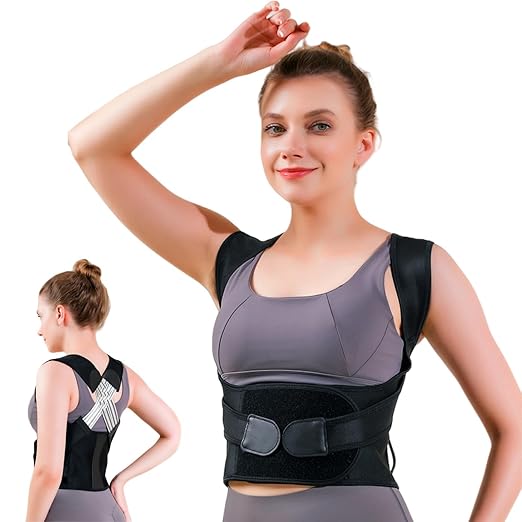 WEEOATAR Upper Back Brace Posture Corrector Posture Trainer, Breathable, Adjustable, Easy to Use with Magic Stickers, 4 Back Straps Back Straightener for Adults and Kids (Black, XXL)