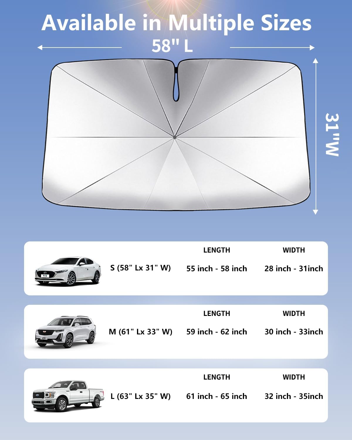 Foldable Windshield Sun Shade Umbrella – Reflective Car Window Cover for Front Windshield, Heat Blocker for SUV, Truck, Sedan – Easy Storage with Bendable Handle