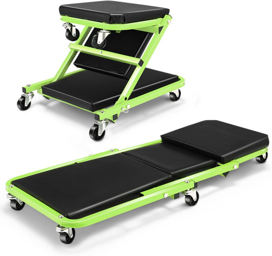 DNA MOTORING 36 Inches 2 IN 1 Rolling Folding Car Creeper/Seat, 6 Pcs 2" Casters, 150kg Weight Capacity, Green, TOOLS-00185-GR