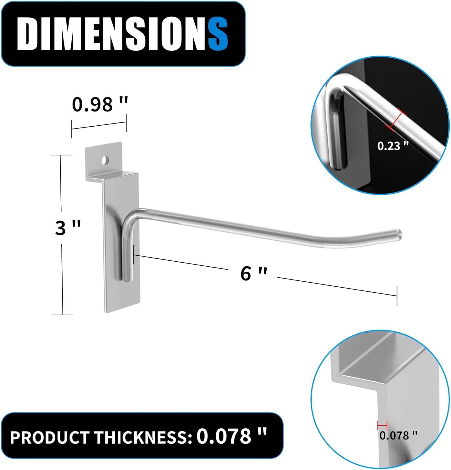 25 PK Silver 6 inch Wall Mounted Slatwall Hooks – Heavy-Duty Storage & Organization Solution