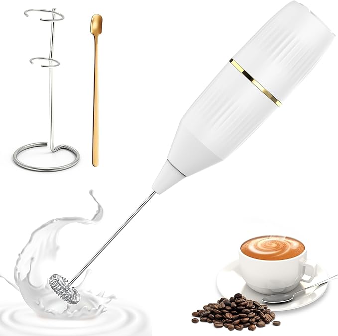 Handheld Milk Frother 14,000 RPM Drink Mixer Wand with Stand & Stirring Spoon Quiet One-Button Operation, Non-Slip Handle, Detachable Whisk Head for Coffee, Lattes, Cappuccinos, Matcha (White)