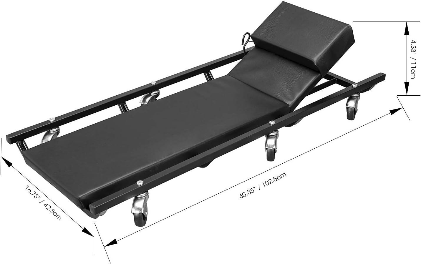 Torin ATR6452B Rolling Garage/Shop Creeper: 40" Padded Mechanic Cart with Adjustable Headrest and 6 Casters, Black