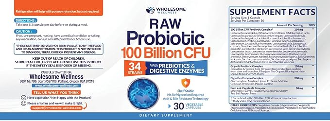 Wholesome Wellness Organic Raw Probiotics 100 Billion CFU, Dr Formulated for Women and Men, Complete Adult Supplement with Prebiotics and Digestive Enzymes; 30 Capsules, Shelf Stable