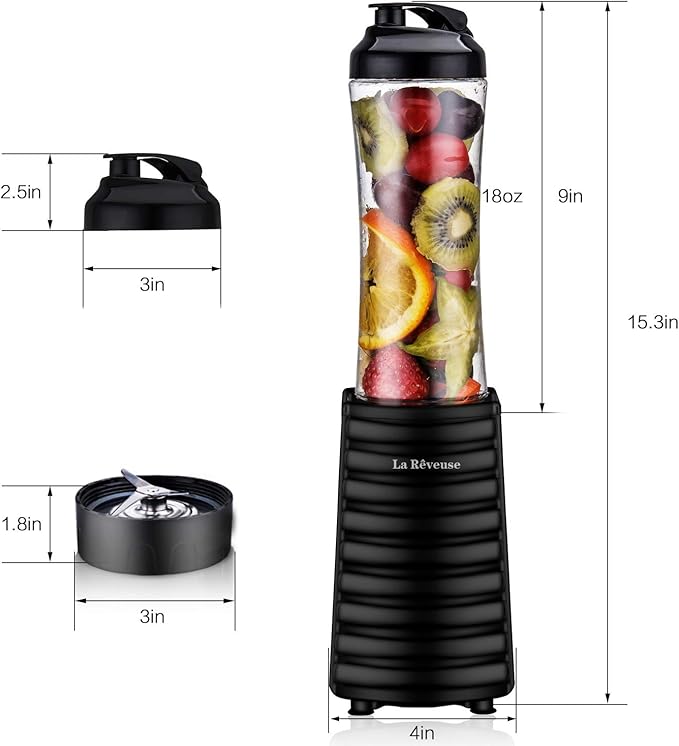 La Reveuse Smoothies Blender 300 Watt with 18 oz BPA-free Portable Travel Sports Bottle (Black)