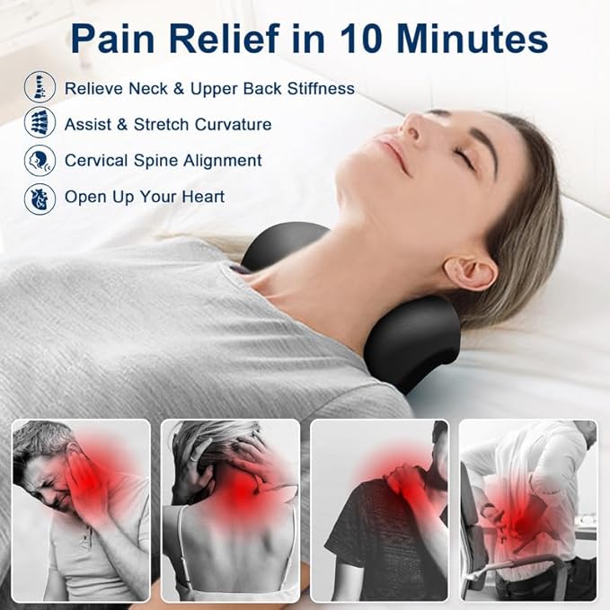 Neck and Shoulder Relaxer with Upper Back Massage Point, Cervical Traction Device Neck Stretcher for TMJ Pain Relief and Cervical Spine Alignment Chiropractic Pillow（Black）