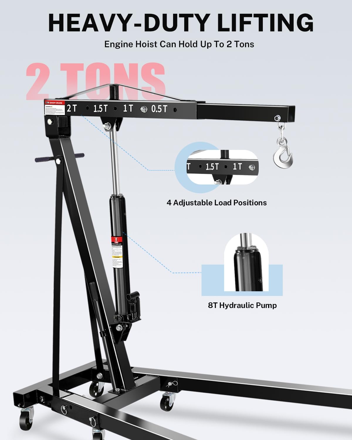 2-Ton Folding Engine Hoist, Hydraulic Shop Crane with 6 Swivel Wheels & Adjustable Boom (0.5T-2T), Heavy-Duty Cherry Picker for Garage, Workshop, Truck, Farm (Net Wt. 157 lbs)