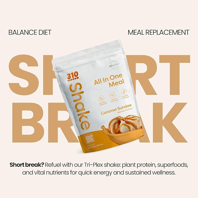310 Nutrition All-In-One Meal Replacement Shake Powder - Plant-Based Protein Smoothie Blend w/High Fiber, Probiotics & Adaptogens - Low Carb, Vegan, Keto & Paleo Friendly - Caramel Sundae - 28 Srv