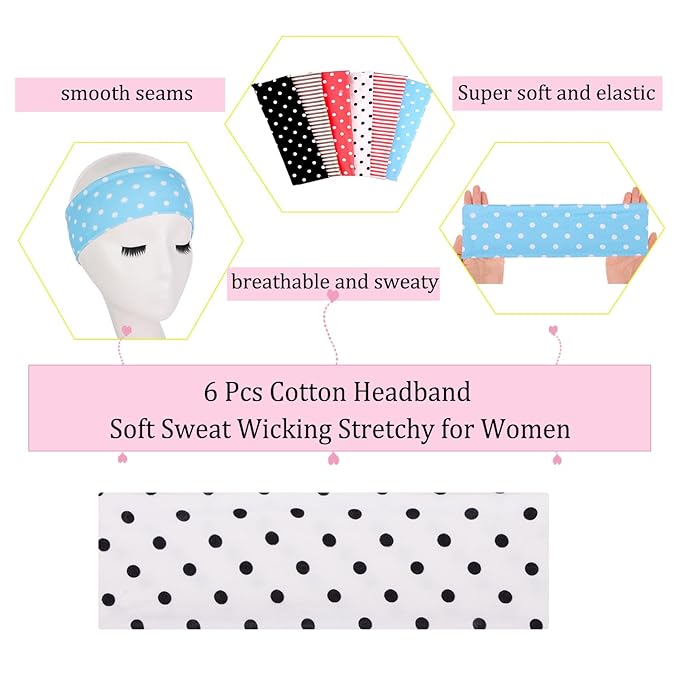 Leeven 6 Pack Headbands for Women Non Slip Soft Elastic Floral Hairbands Soft Fabric Stripe Head Bands for Girls Heart Headbands