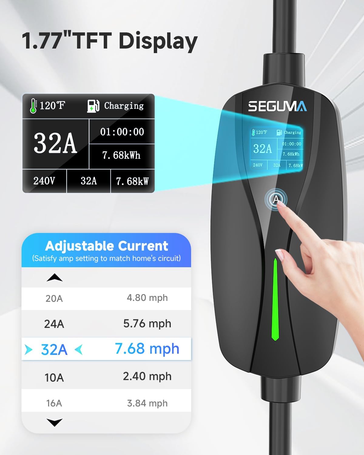 Level 2 EV Charger for Tesla, 32Amp 240V 7.68kW NACS EV Chargers, NEMA 14-50 Plug, Adjustable Current, 25FT Portable Electric Car Charger Compatible with All Nacs (Black)