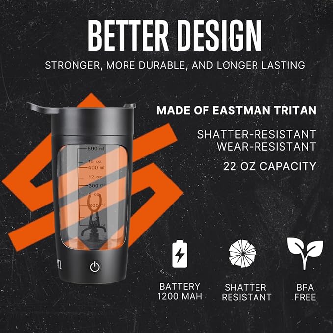 SQUATZ Electric Protein Shaker Bottle - Workout Blender Bottle - Portable Gym Shake Mixer, USB Rechargeable - 22oz