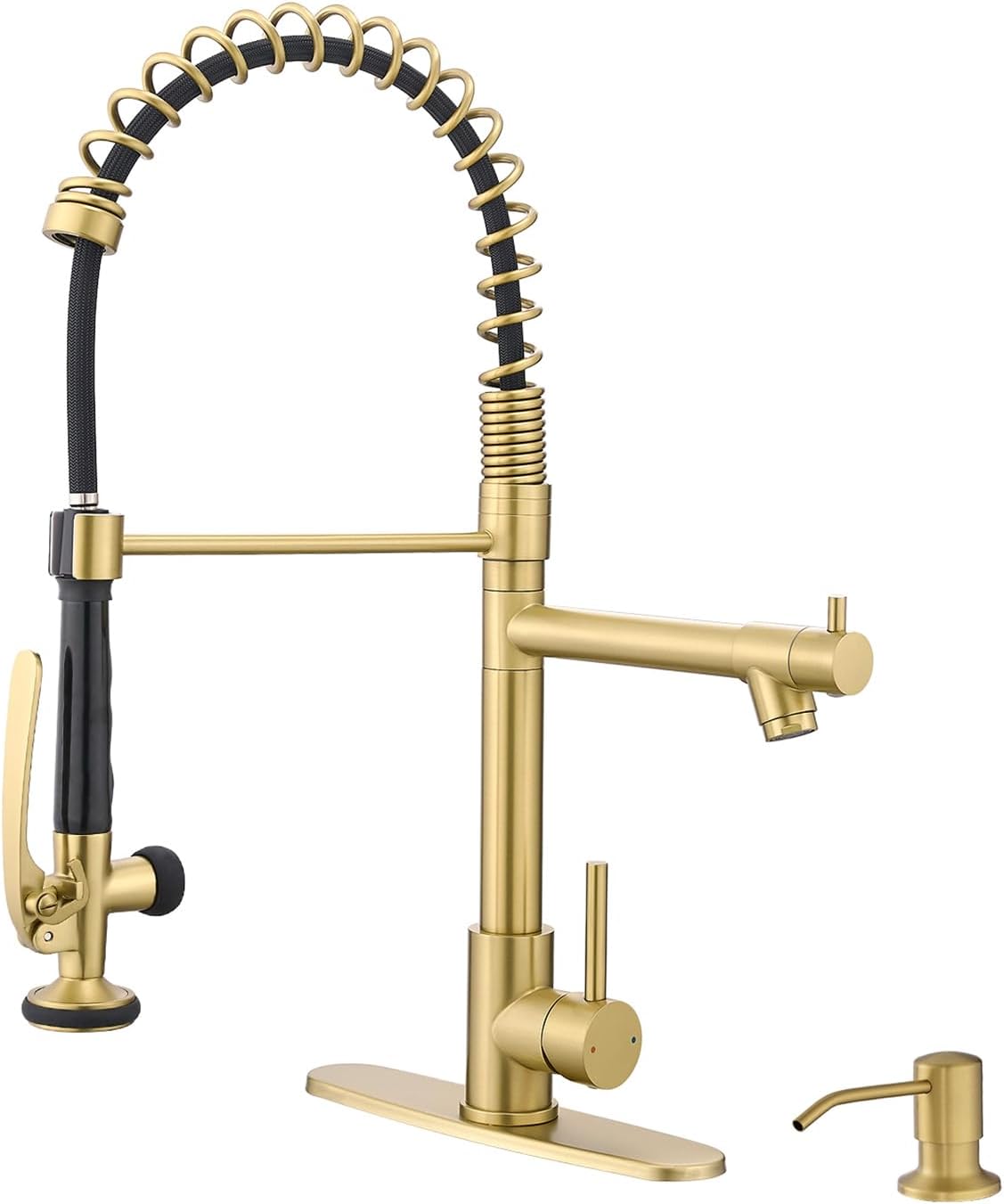 Fapully Commercial Kitchen Sink Faucet with Pull Down Sprayer Brushed Gold Single Handle Faucets for Kitchen Sink, Kitchen Faucet with Soap Dispenser and Deck Plack for 4 Hole