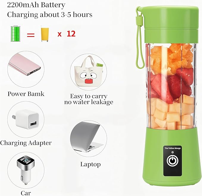 Portable Blender,Mini 6-blade Mixer for Smoothie,Milkshake, Juice, Mobile Hand juicer With USB Rechargeable For Travel, office, picnic, fitness (Green)