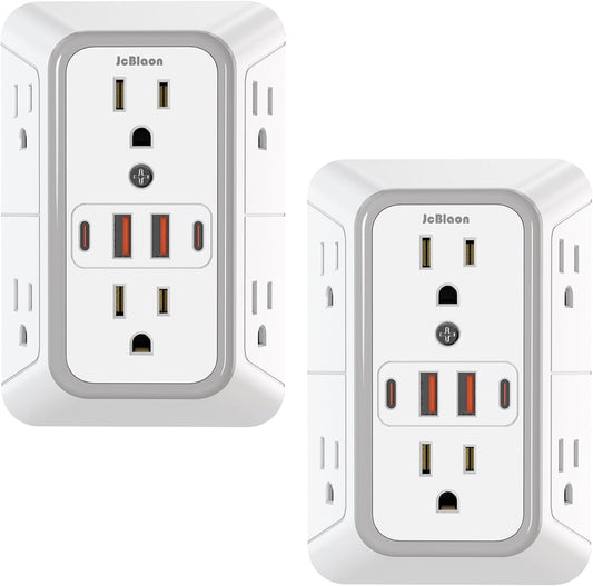 2 Pack Outlet Extender Surge Protector, 6 Outlet Splitter with 4 USB Outlet (2 USB A,2 USB C), 3Sided Power Strip with Adapter Spaced Outlets for Home, Office, Travel(White)