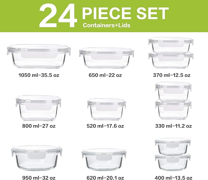 M MCIRCO 24-Piece Glass Food Storage Containers with Upgraded Snap Locking Lids,Glass Meal Prep Containers Set - Airtight Lunch Containers, Microwave, Oven, Freezer and Dishwasher,White