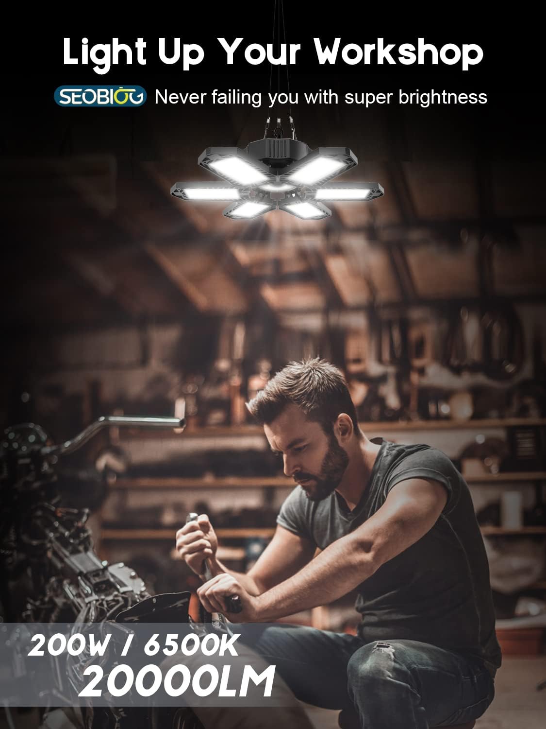 SEOBIOG Plug in Garage Light, 200W 20000LM Linkable Shop Light with On/Off Switch, 6500K Hanging LED Lights with 9.84ft Power Cord and US Plug, for Garage, Workshop,Work Bench