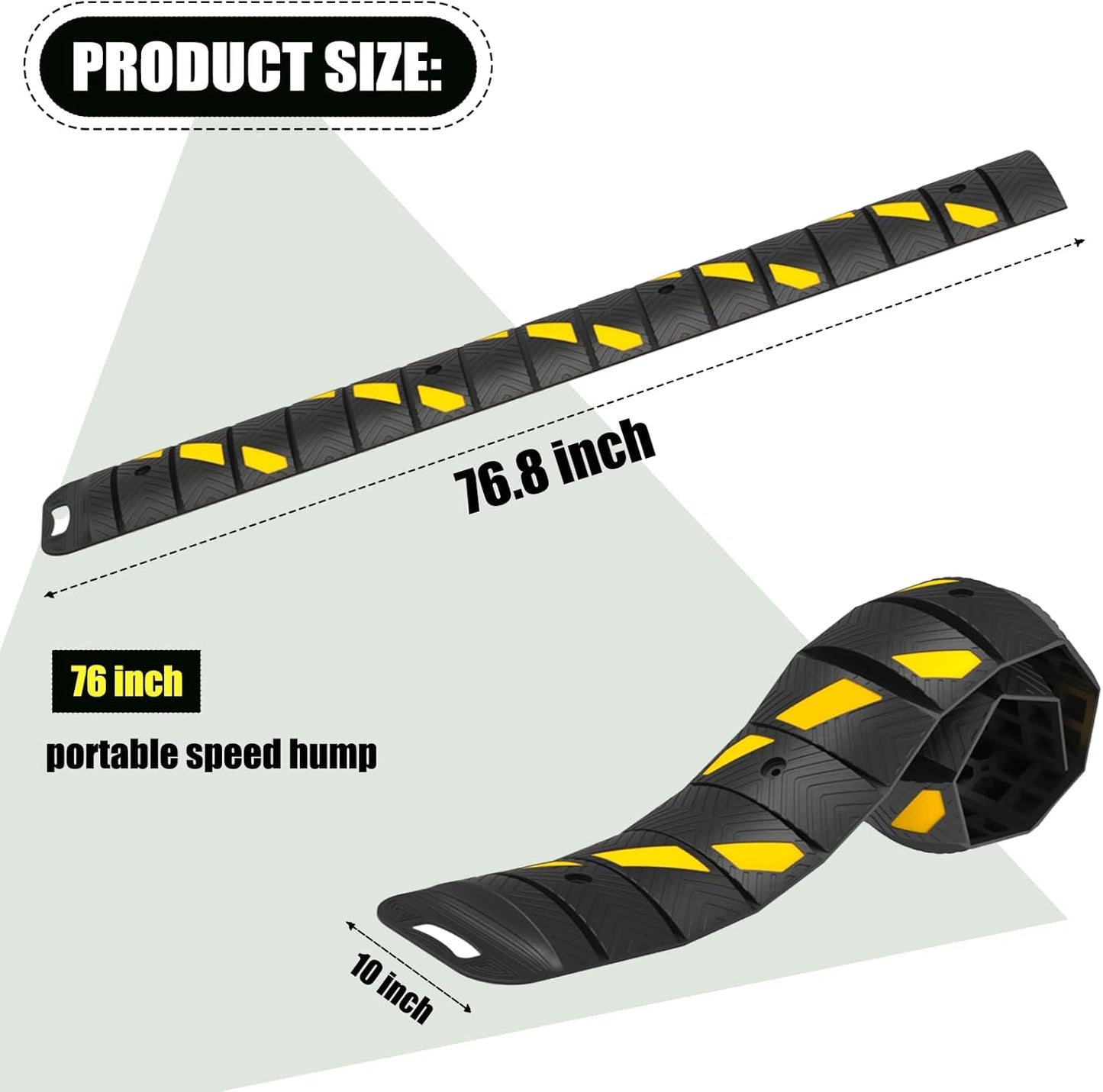 76"x10"x 2" Portable Rubber Speed Bump Reflective Yellow-Black,Quick to fold, Unfold, and Secure for Road use. Suitable for Asphalt Cement Gravel Roads Parking Lots garages Schools and Other Areas.