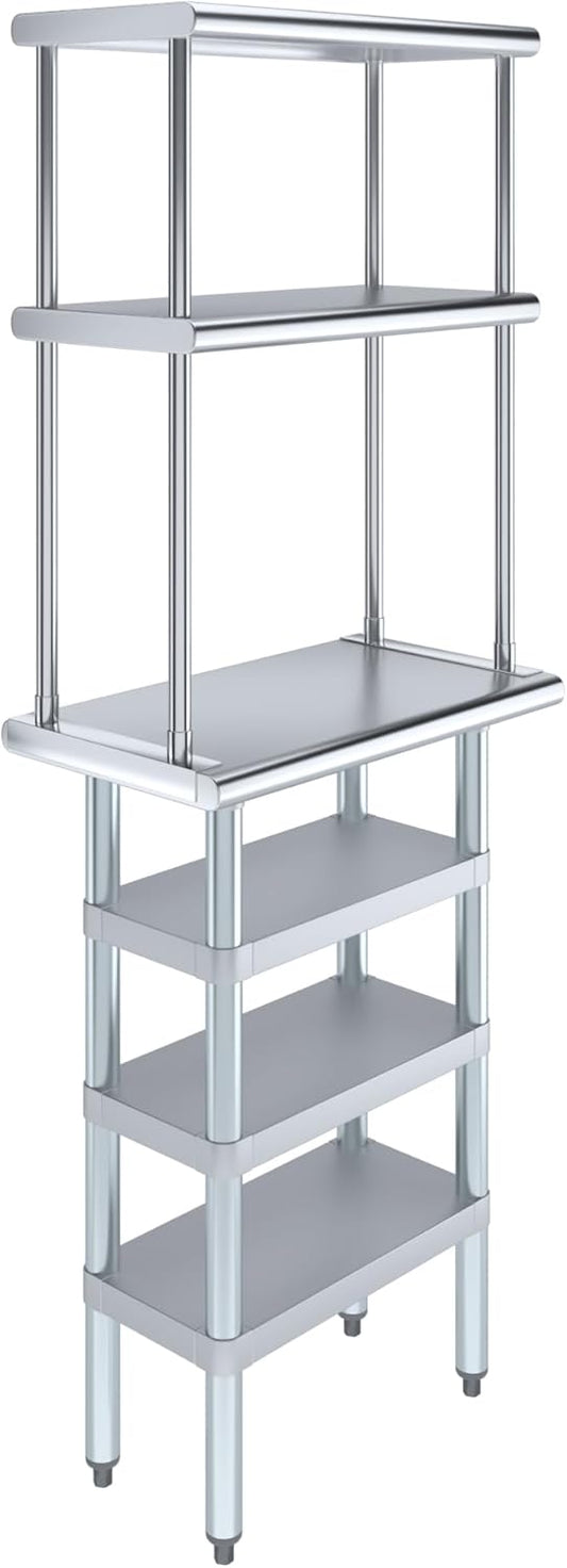 Amgood 14" x 24" Stainless Steel Work Table with 3 Shelves and 12" Wide Double Tier Overshelf | Metal Kitchen Prep Table & Shelving Combo | NSF