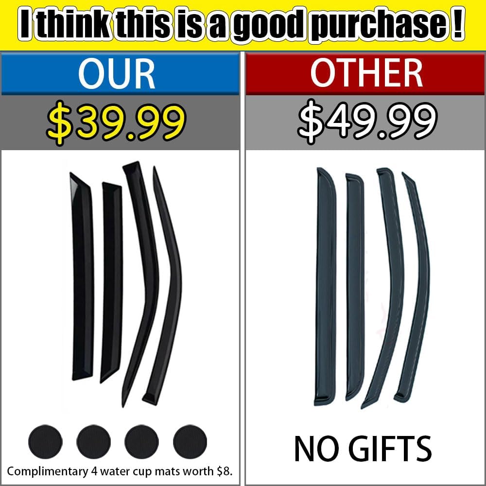 Rain Guards for Chevrolet (Chevy) Tahoe/GMC Yukon 2015-2020, Tape-on Side Window Deflectors for Chevrolet Tahoe, Window Visors for Chevrolet Cars, Car Accessories 4 Rain Guards ＆ 4 Car Coasters