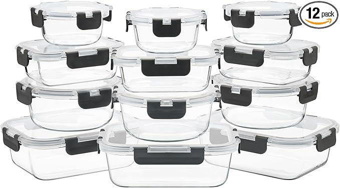 12 Pack Glass Food Storage Containers with Airtight Lids for Meal Prep, Leftover, BPA-Free, Leak-Proof, Freezer to Microwave Safe (12 Lids & 12 Containers)