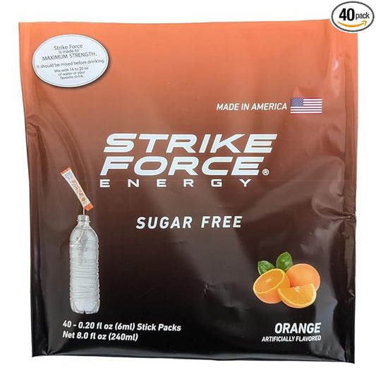Strike Force Energy Drink Mix - Orange Flavor - Natural Tasting Caffeine Drink - Turn Any Drink into a Healthy Energy Drink - Zero Calories, Keto Friendly, Sugar Free, Pre Workout (40 Liquid Packs)
