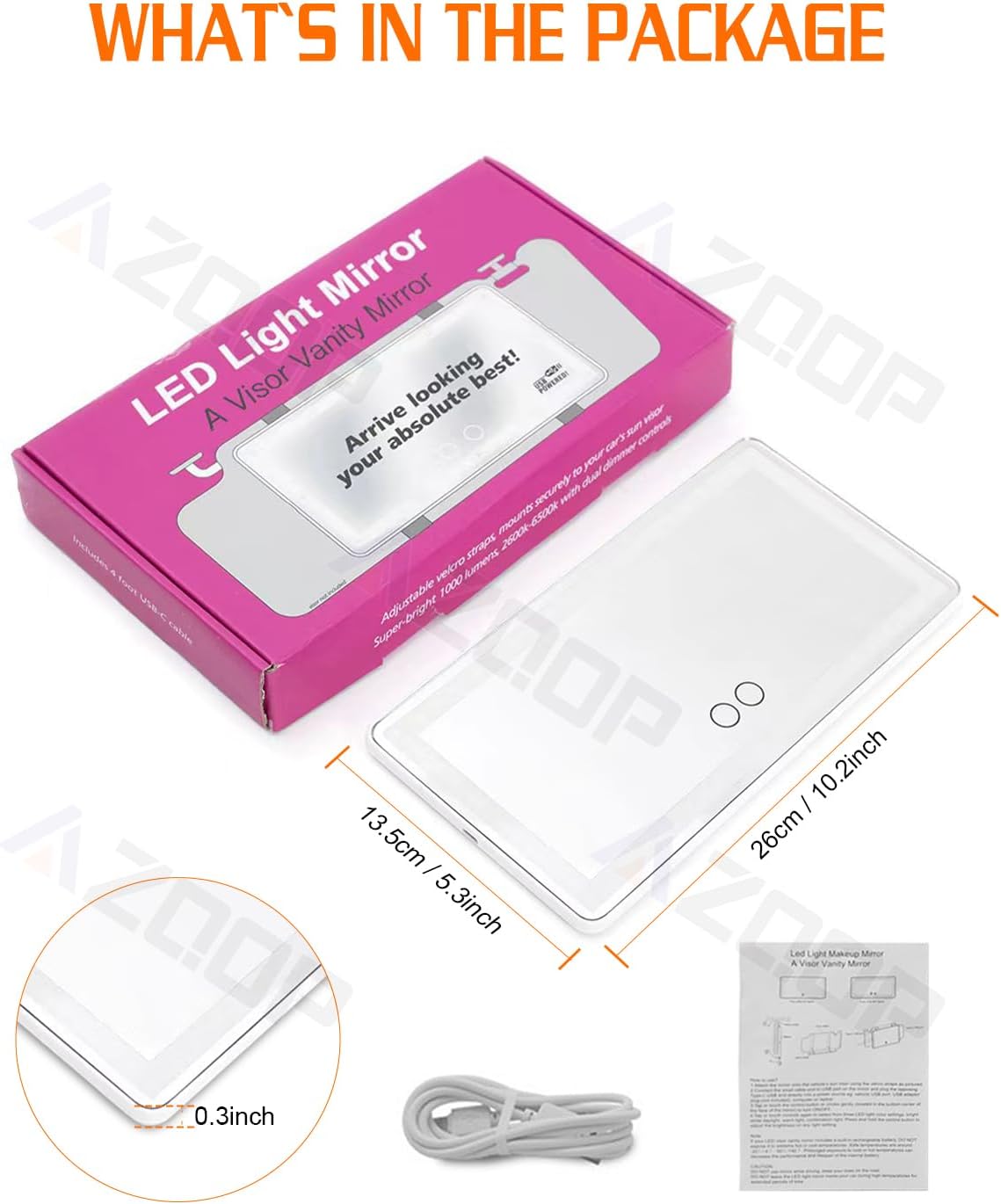 2PCS Car Sun Visor Vanity Mirror, Rechargeable Makeup Mirror with 3 Light Modes, Dimmable Touch Control, Rear View Sun-Shading Cosmetic Mirrors, Universal for Truck SUV, Ideal Gift for Women (White)