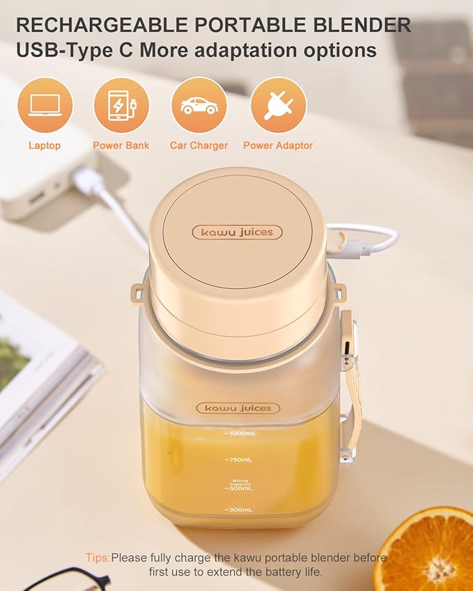 kawu Portable Blender, Portable Smoothie Blender On the Go, No-BPA, Portable Blenders for Shakes and Smoothies Leakproof-Lid and Sip Spout, USB-C Rechargeable, Recipes, with Handle/Strap, White