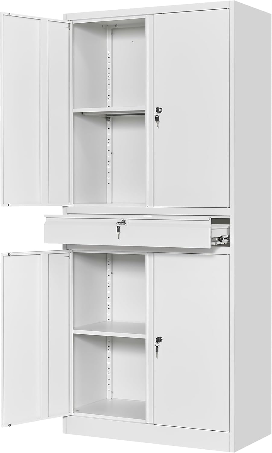 Yizosh Metal Garage Storage Cabinet with Locking Doors and Adjustable Shelves, 71" Tool Storage Cabinet with 1 Drawer for Garage,Office,Warehouse (White)