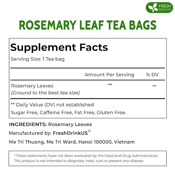 FreshDrinkUS Premium Rosemary Leaf Tea Bags - 75 Count, 100% Natural Dried Leaves, Pure Herbal Tea, No Additives, No Caffeine, No Gluten, Vegan