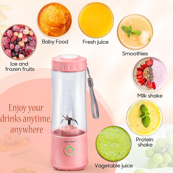 Spardar Portable Blender for Shakes and Smoothies, 4000mAh Personal Blender with 6 Blades, USB Rechargeable Blender Bottles Electric, Mini Blender Cup Portable Juicer for Home Sports Outdoors
