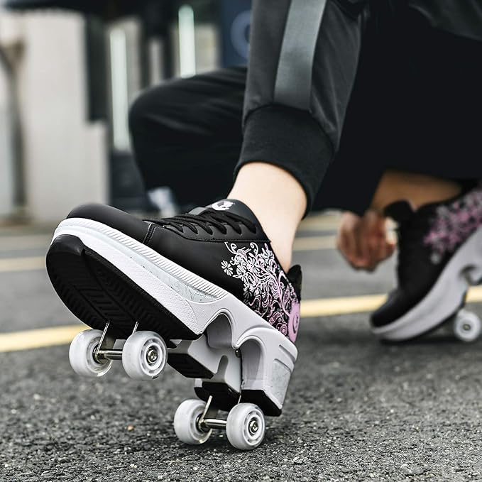 Double-Row Deform Wheel Automatic Walking Shoes Invisible Deformation Roller Skate 2 in 1 Removable Pulley Skates Skating Parkour