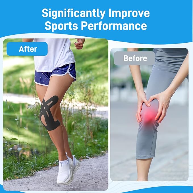 Kinesiology Tape for Knees, 10 Count Knee Tape for Knee Pain Relief Pre Cut, Latex Free Knee Tape, Support Muscles and Joints, Knee Kinesiology Tape Pre Cut, Waterproof and Elastic (Black)