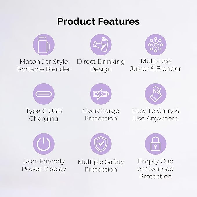 Personal Portable Blender For Shakes & Smoothies, Leakproof & Stylish Portable Mason Jar Shaker, Rechargeable Mini Blender with 10-Blade Blending System 14oz, Purple