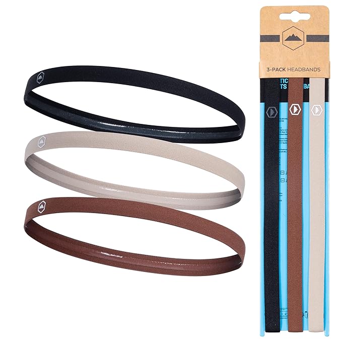 Tough Headwear Thin Elastic Headbands, Sports Headbands for Women & Men - Mens Workout Headband - Running or Soccer Headband - 3-Pack