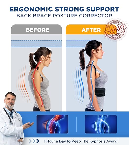 FILLOVE Posture Corrector for Women and Men with Magnetic Therapy Back Support, Strong Traction & Fully Adjustable Upper Back Brace Back Straightener for Neck, Clavicle, Spine and Shoulder Pain Relief