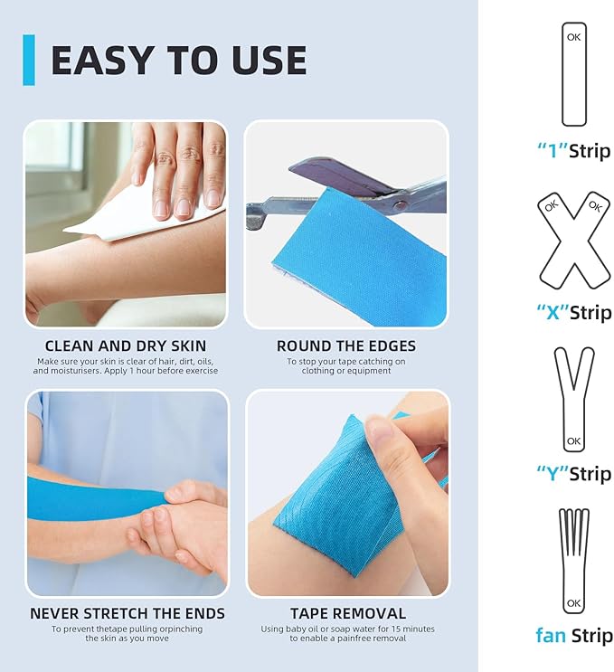 OK TAPE Kinesiology Tape 10 inches Precut, 20 Strips, Cotton Elastic Athletic Tape Latex Free, 2in x 16ft, Light Blue
