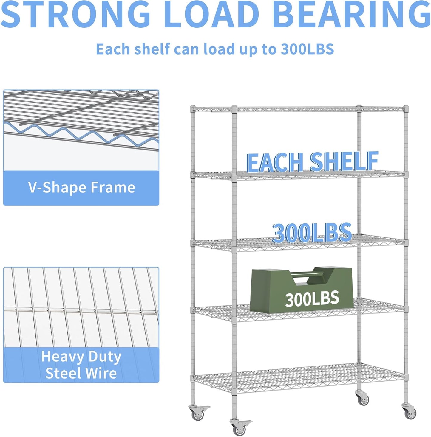 5 Tier Metal Shelving Unit with Wheels, 72" H x 48”W x 24”D Industrial Storage Shelves 1500 LBS Load Capacity, Steel Wire Storage Shelving for Garage, Kitchen, Pantry, Living Room