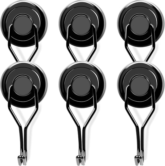 MIKEDE 110 LBS Black Magnetic Hooks, 6 Pack Swivel Swing Magnet Hooks Heavy Duty, Strong Neodymium Magnets Hanger for Hanging, Grill, Cruise Cabins - 32mm(1.26in) in Diameter