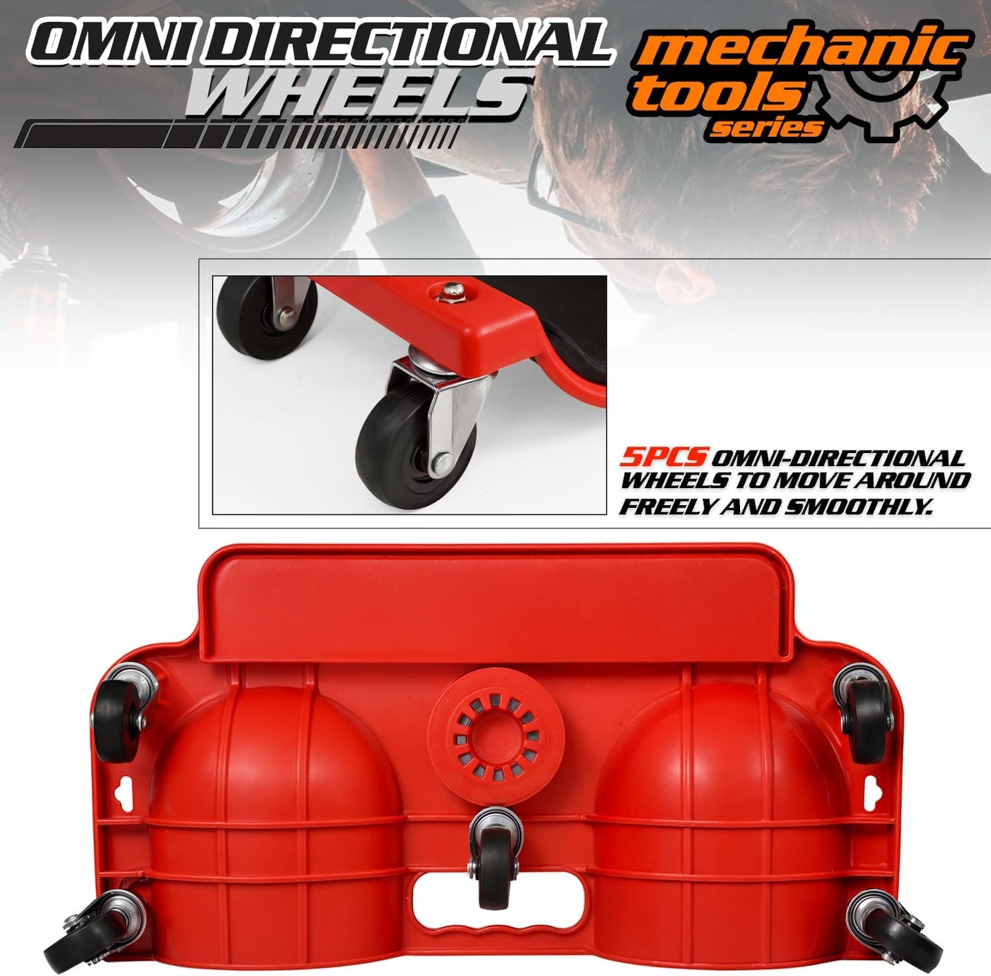 M-AUTO Rolling Knee Creeper Durable Knee Pads with Full 360 Degree Turn Casters and Tool Tray, Garage Kneeling Pads on Swivel Castors for Home Workshop Auto Repairing Maintaining, Red