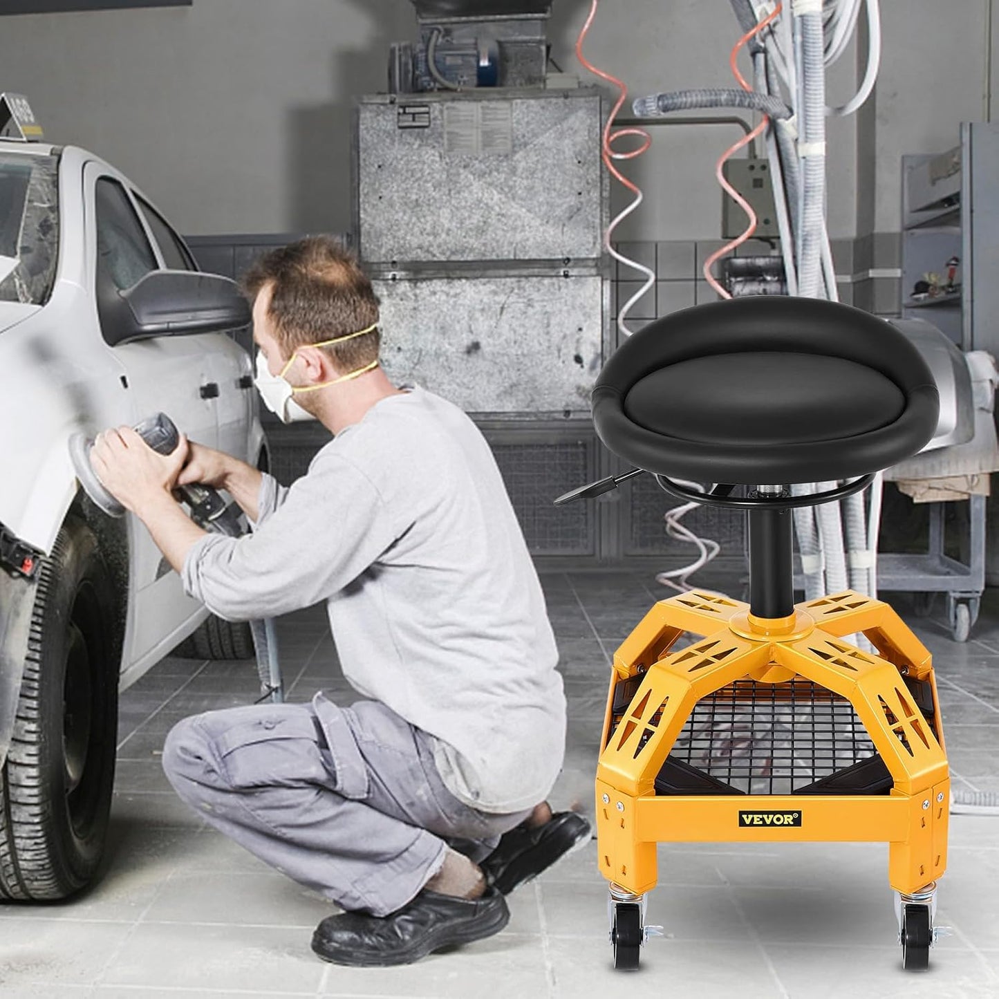 VEVOR Rolling Garage Stool, 300LBS Capacity, Adjustable Height from 24 in to 28.7 in, Mechanic Seat with 360-degree Swivel Wheels and Tool Tray, for Workshop, Auto Repair Shop, Yellow