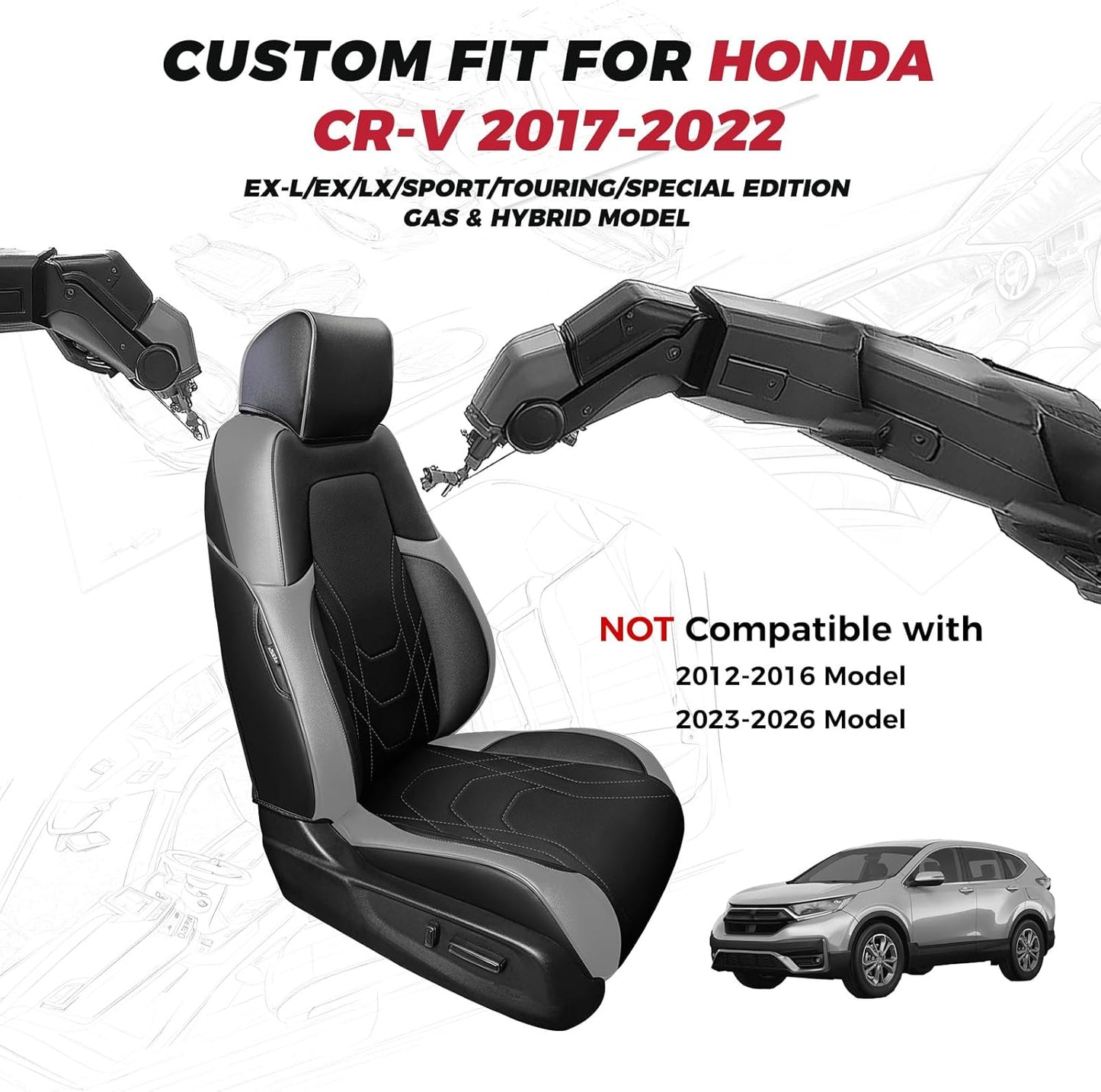 FREESOO CRV Seat Covers Full Set, for Honda CRV LX EX EX-L Sport Touring Hybrid 2017 2018 2019 2020 2021 2022, Custom Fit Car Seat Covers, Waterproof Leather Seat Covers, Black & Gray