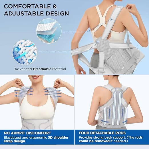 Posture Corrector for Women and Men Support: Back Support Brace - Shoulders Straightener Relieve Upper Back Pain (Gray, Medium)