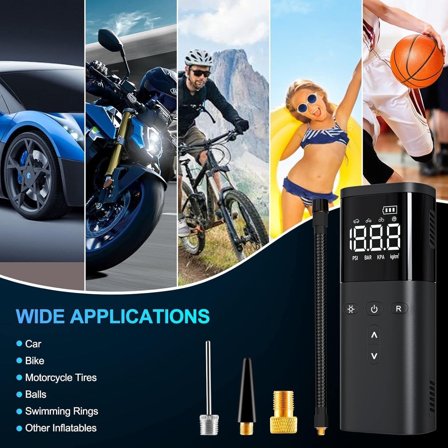 Tire Inflator Portable Air Compressor, Air Pump for Car Tires, Cordless Air Compressor 120 PSI - One Click Smart, Tire Pump for Car, Motorcycle, Bicycle, Balls, with Pressure Gauge, LED Light