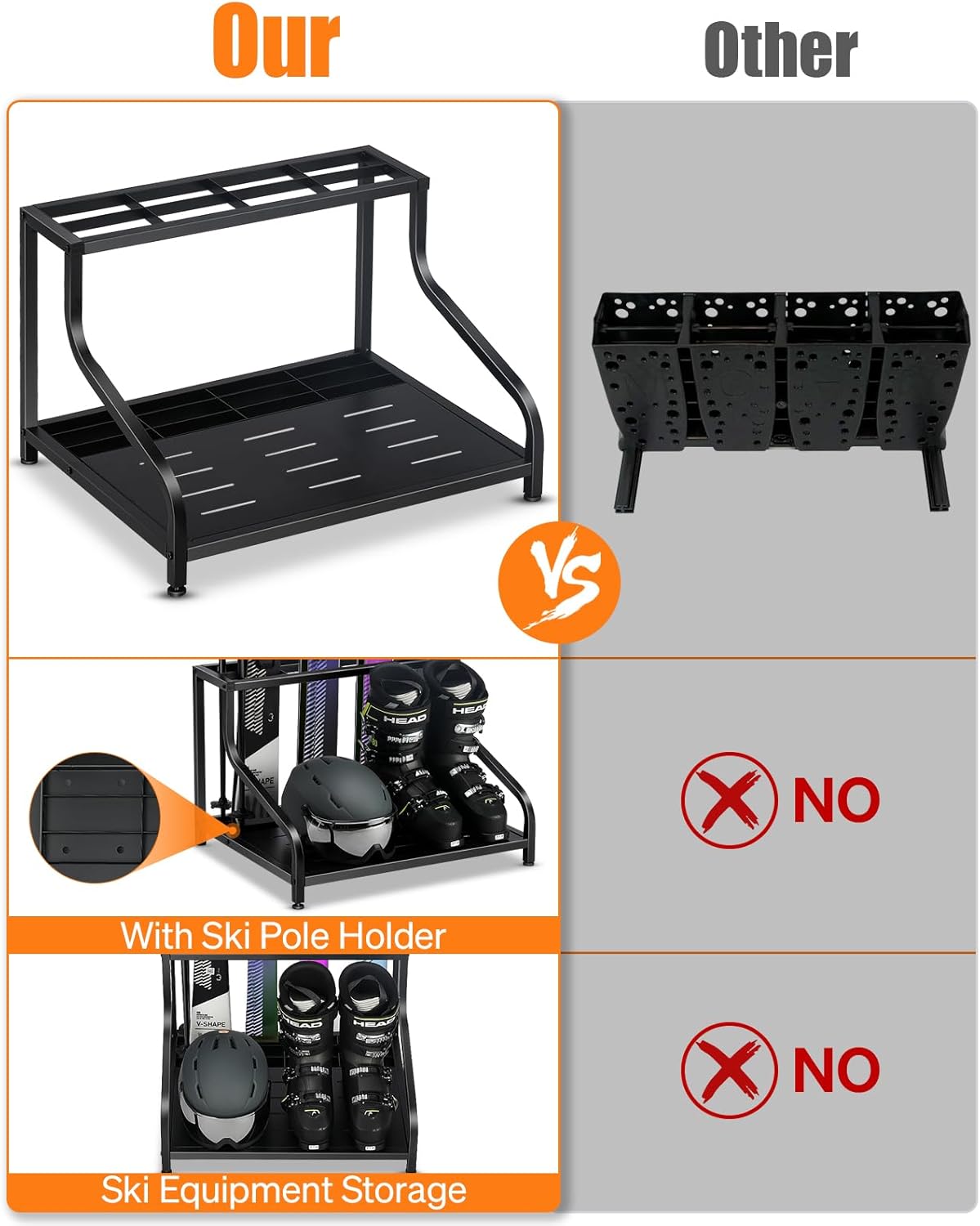 Ski Storage Rack for Garage - Freestanding Ski Holders for 4 Pairs of Skis, Ski Boot, Ski Poles, Goggles, Helmet and More, Heavy Duty Steel Floor Stand Ski Organizer for Garage Basement