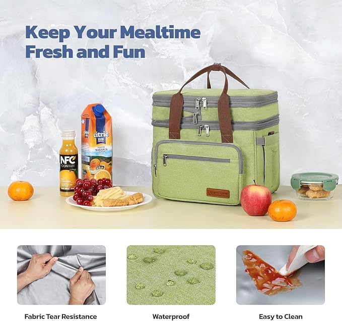 Maelstrom Lunch Bag Women,23L Insulated Lunch Box For Men Women,Expandable Double Deck Lunch Cooler Bag,Lightweight Leakproof Lunch Tote Bag With Side Tissue Pocket,Green