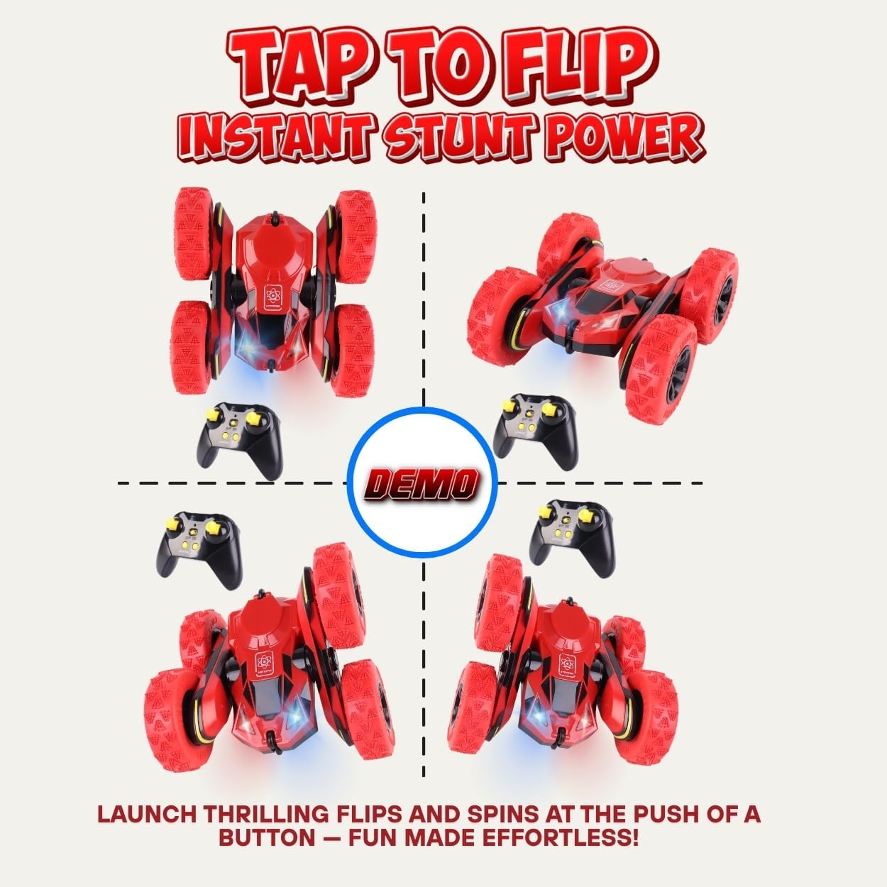 All-Round Drive Stunt RC Car - 360° Spins, High-Speed Off-Road with LED Headlights, 2 Rechargeable Batteries, AAA Remote Batteries, All-Terrain for Kids 6+ & Adults (Red)