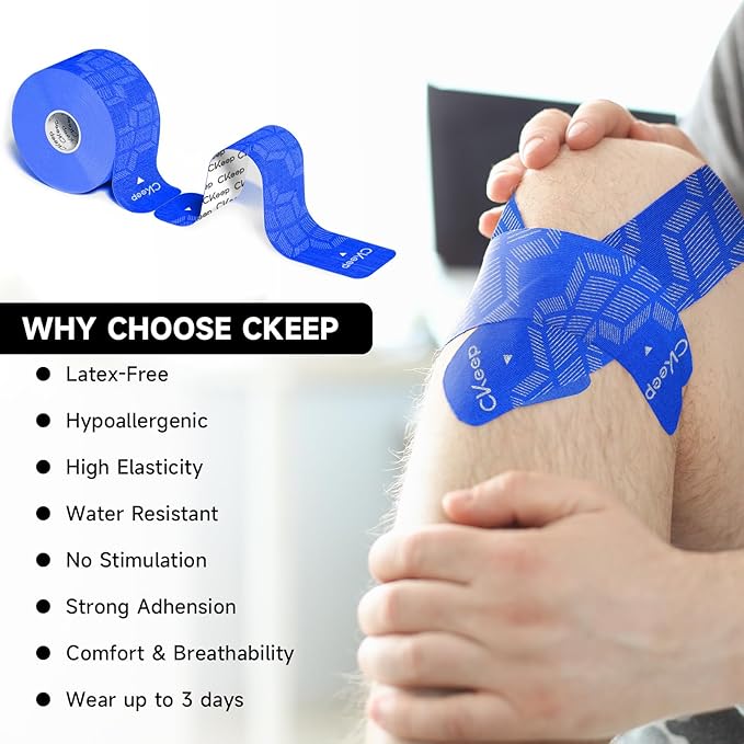 CKeep 4 Rolls Kinesiology Tape, Original Cotton Elastic Athletic Tape, 20 CT 10" Precut Strips Each, Waterproof Tape for Muscle Strain Relief and Joint Support, Blue