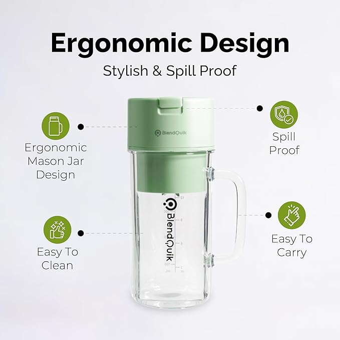 Personal Portable Blender For Shakes & Smoothies, Leakproof & Stylish Portable Mason Jar Shaker, Rechargeable Mini Blender with 10-Blade Blending System 14oz, Green