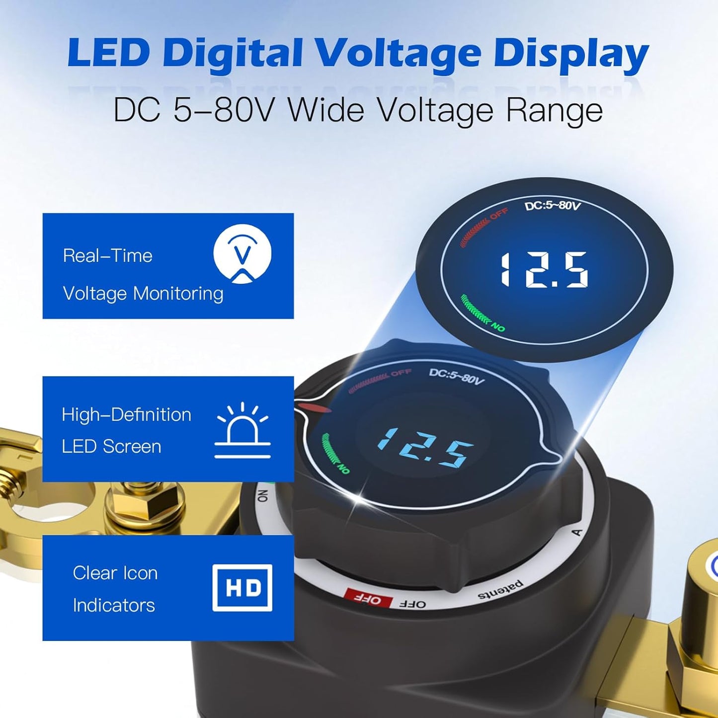 MaySpare Top Post Battery Disconnect Switch with Digital Voltage Display, DC 5-80V On Off Kill Switch, Voltmeter Power Cut Master Disconnect Isolator for Car RV Marine Boat Camper Truck Trailer
