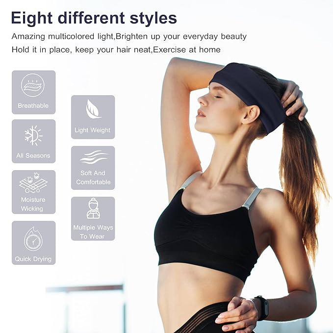 Headbands for Women Non Slip - Stylish Sports Hair Bands for Women's Hair - Soft Cotton Cloth Stretchy Headbands for Women for Yoga, Outdoor Exercise Running - 8 Pack